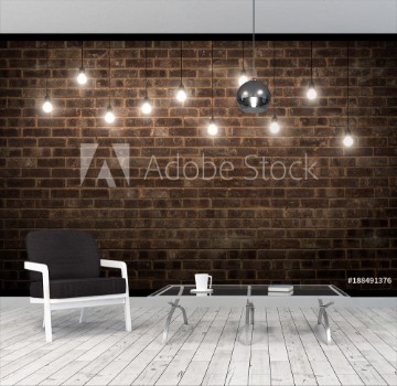 Picture of Shining light bulbs on dark brick wall 3d rendering